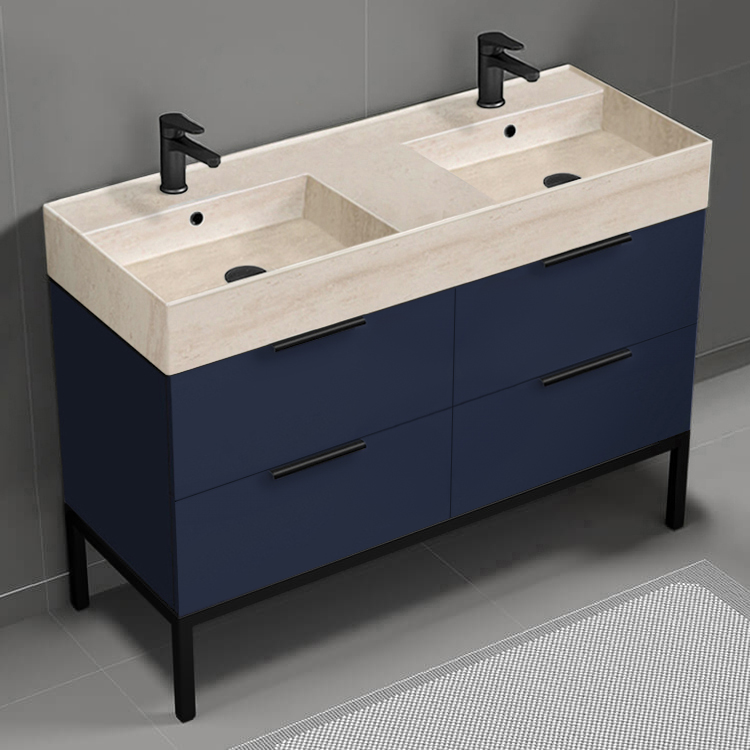 Nameeks DERIN442 48 Inch Bathroom Vanity With Beige Travertine Design Sink, Double Sink, Modern, Floor Standing, Night Blue